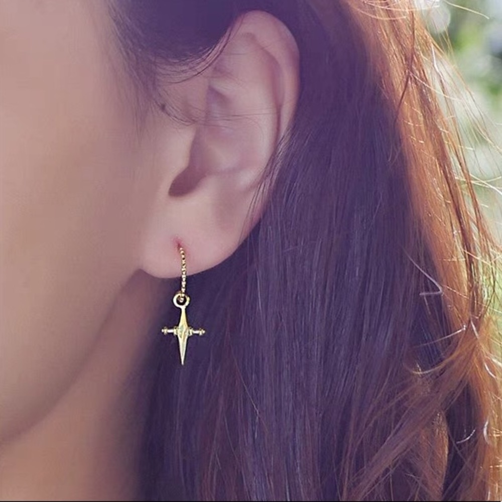 Gold Plated Cross Charm Huggie Hoop Earrings - Picture 1 of 8